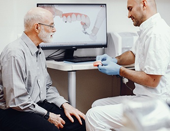 Dentist explaining dentures to older patient.